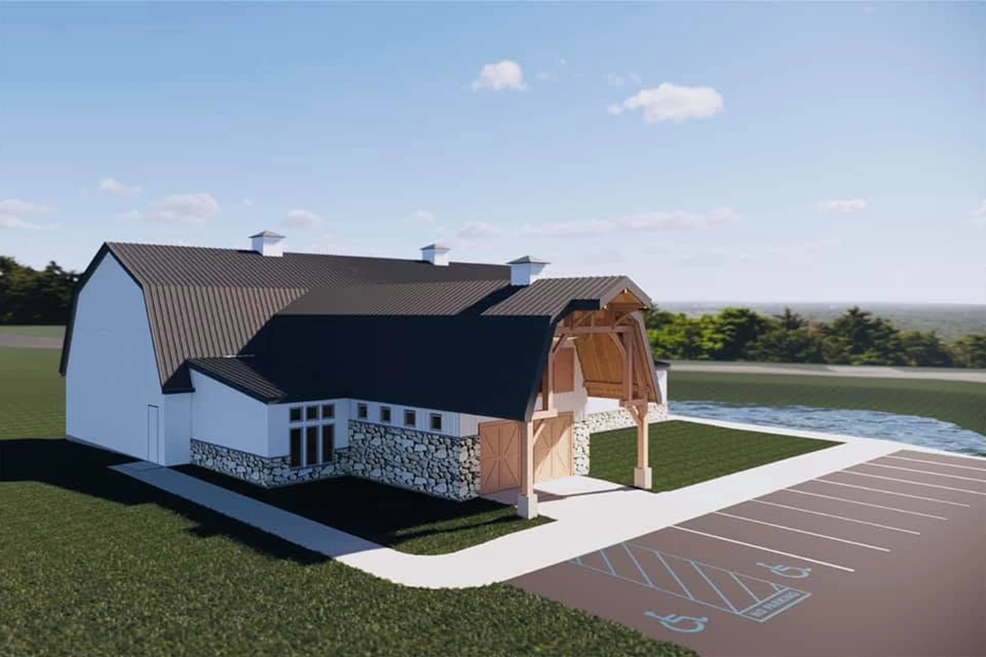 Pre-construction render of the barn
